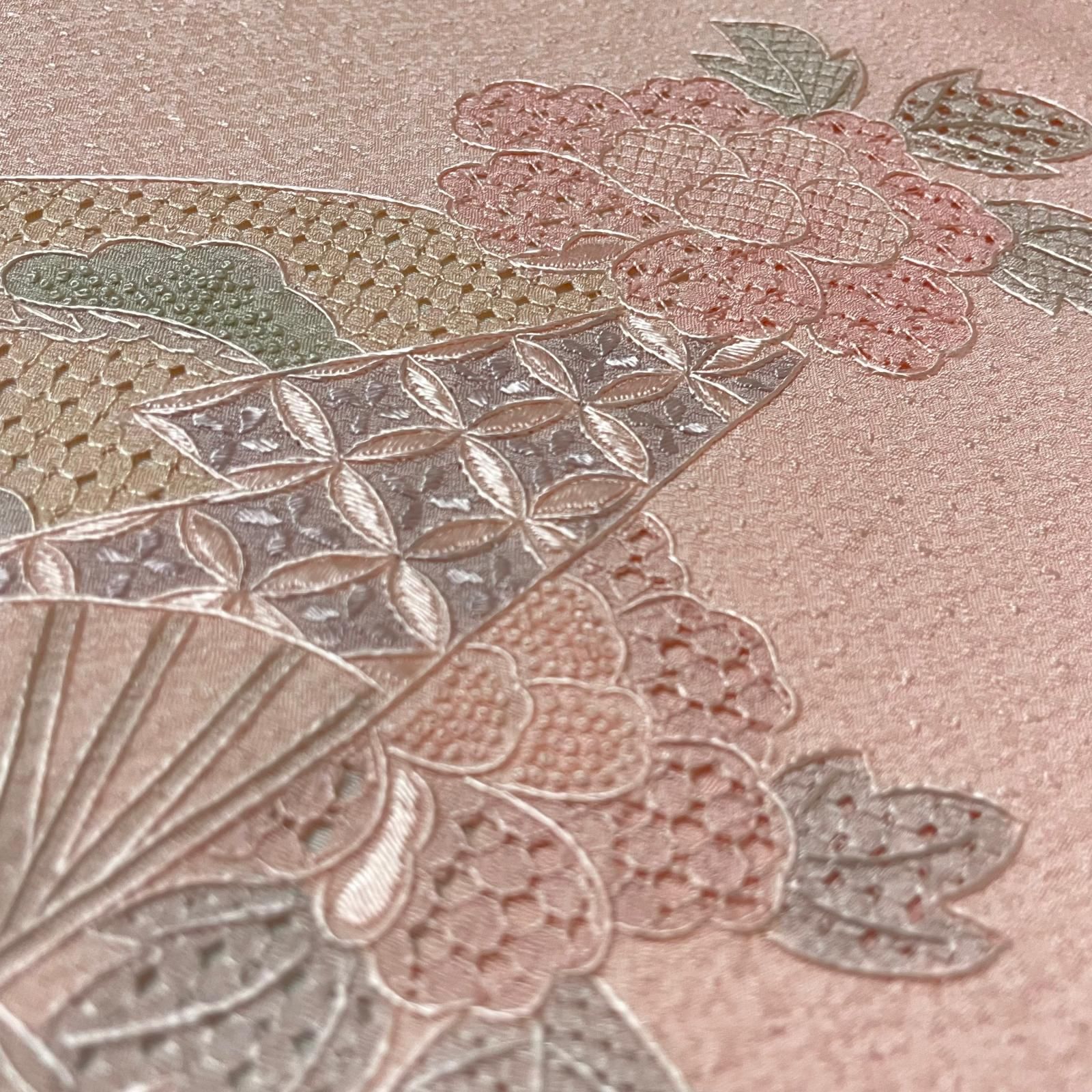 G111⭐️正絹　色留袖　中国三大刺繍　蘇州刺繍　汕頭刺繍　逸品　広襟 汕頭 相良 蘇州刺繍 中国三大刺繍 付下げ 裄68.5 トールサイズ 扇に花