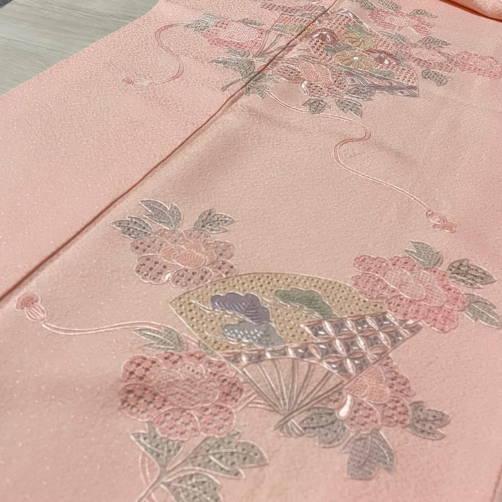 汕頭 相良 蘇州刺繍 中国三大刺繍 付下げ 裄68.5 トールサイズ 扇に花