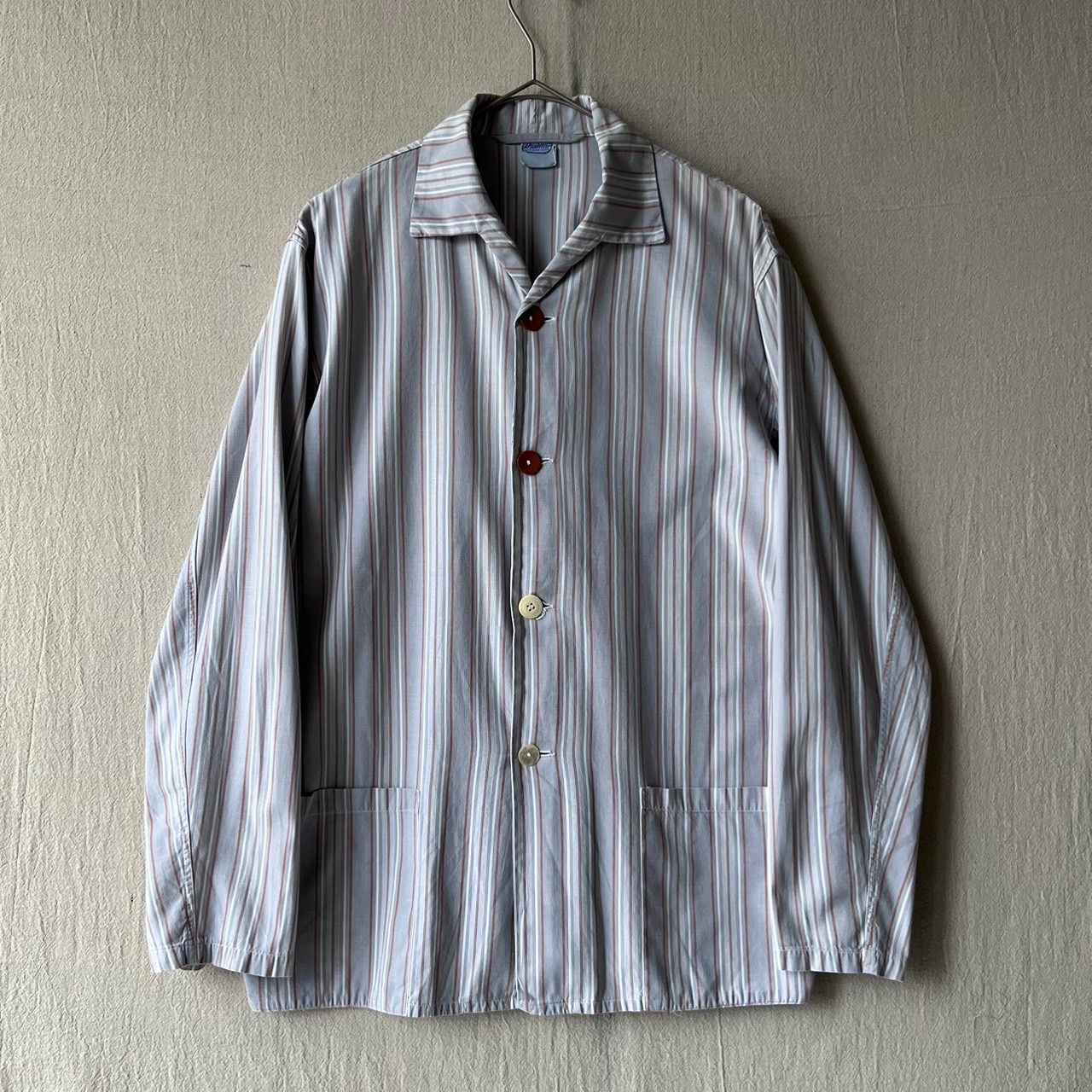 60s Euro vintage パジャマ シャツ / グレー オレンジ ストライプ オープンカラー ユーロ ビンテージ T6-07099-9390