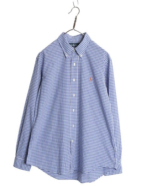 00s ラルフローレン ギンガム チェック 長袖 ボタンダウン シャツ メンズ L オールド ポロ CUSTOM FIT コットン ワンポイント ポニー 青 白