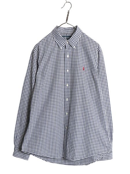 00s ラルフローレン ギンガム チェック 長袖 ボタンダウン シャツ メンズ L オールド ポロ CUSTOM FIT コットン ワンポイント ポニー 白 紺