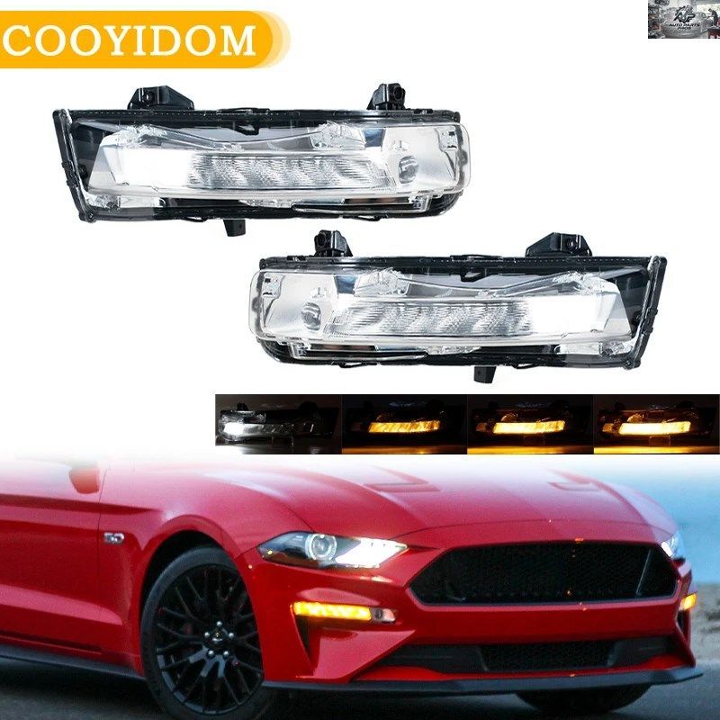 米国車用フロントフォグランプ、DRLフォグランプ、フォードマスタング2018 2019 2020、ターンシグナルライト、ヘッドライト、デイタイムラ
