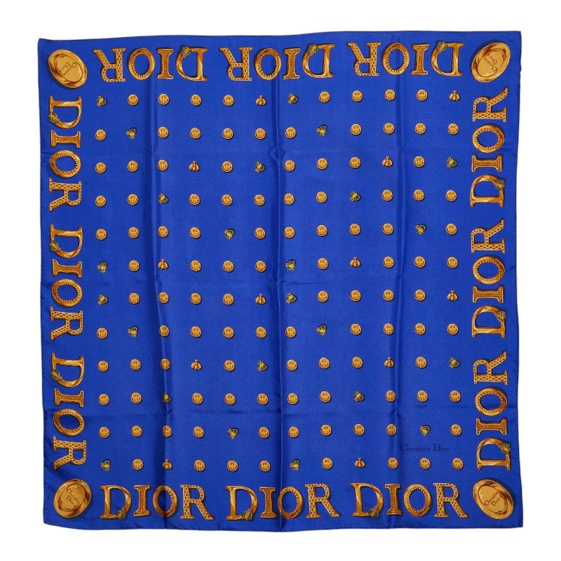 ディオール ロゴ ボタン柄 スカーフ 大判 ブルー ゴールド シルク レディース Dior【1-0278462】