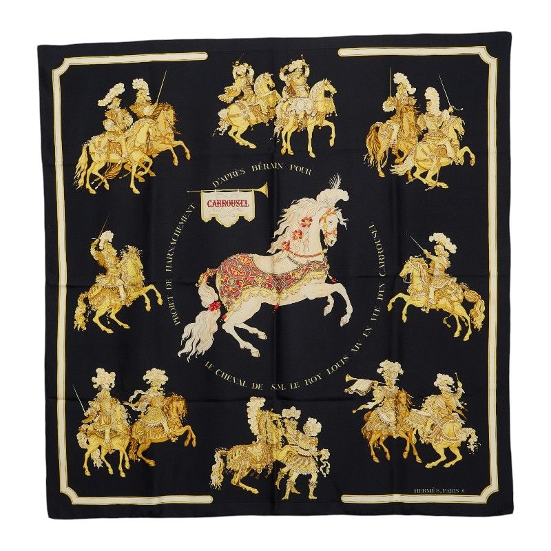 エルメス カレ 90 CARROUSEL メリーゴーランド スカーフ 大判 ブラック ゴールド シルク レディース HERMES【1-0278493】