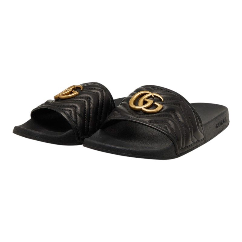 グッチ GGマーモント シャワーサンダル フラットサンダル 603701 ブラック レザー ラバー メンズ GUCCI【1-0278994】