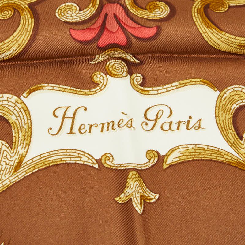 エルメス カレ90 Cheval Turcトルコの馬 スカーフ ブラウン マルチカラー シルク レディース HERMES【252-81297】