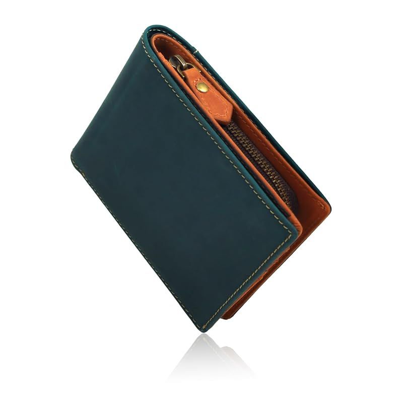 [亀登鞄製作所] 財布 メンズ 2つ折り財布 二つ折り財布 薄型 (大容量 カード収納16枚) (内側も外側も全部 上質本革) (開閉がスムーズなファスナー) 小銭入れ コンパクト 革 ｜タッチ決済対応 通勤 通学 ｜職人手作り クレイジーホースレザー｜経年変