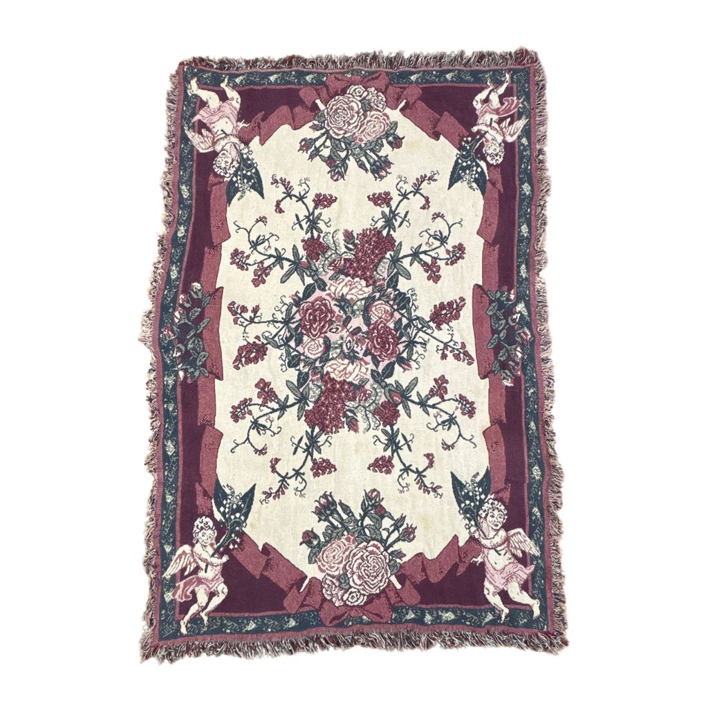 vintageラグ ブランケット マルチカバー タペストリー 天使 エンジェル バラ フラワー ローズ Rug Blanket Floral 3917
