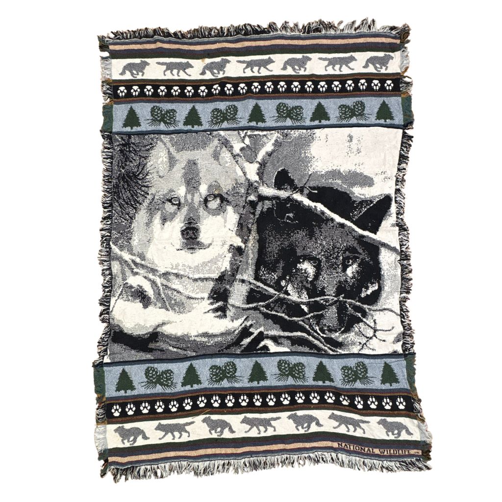 vintageラグ ブランケット マルチカバー タペストリー ウルフ オオカミ アニマル モノクロ Rug Blanket Wolf 3920