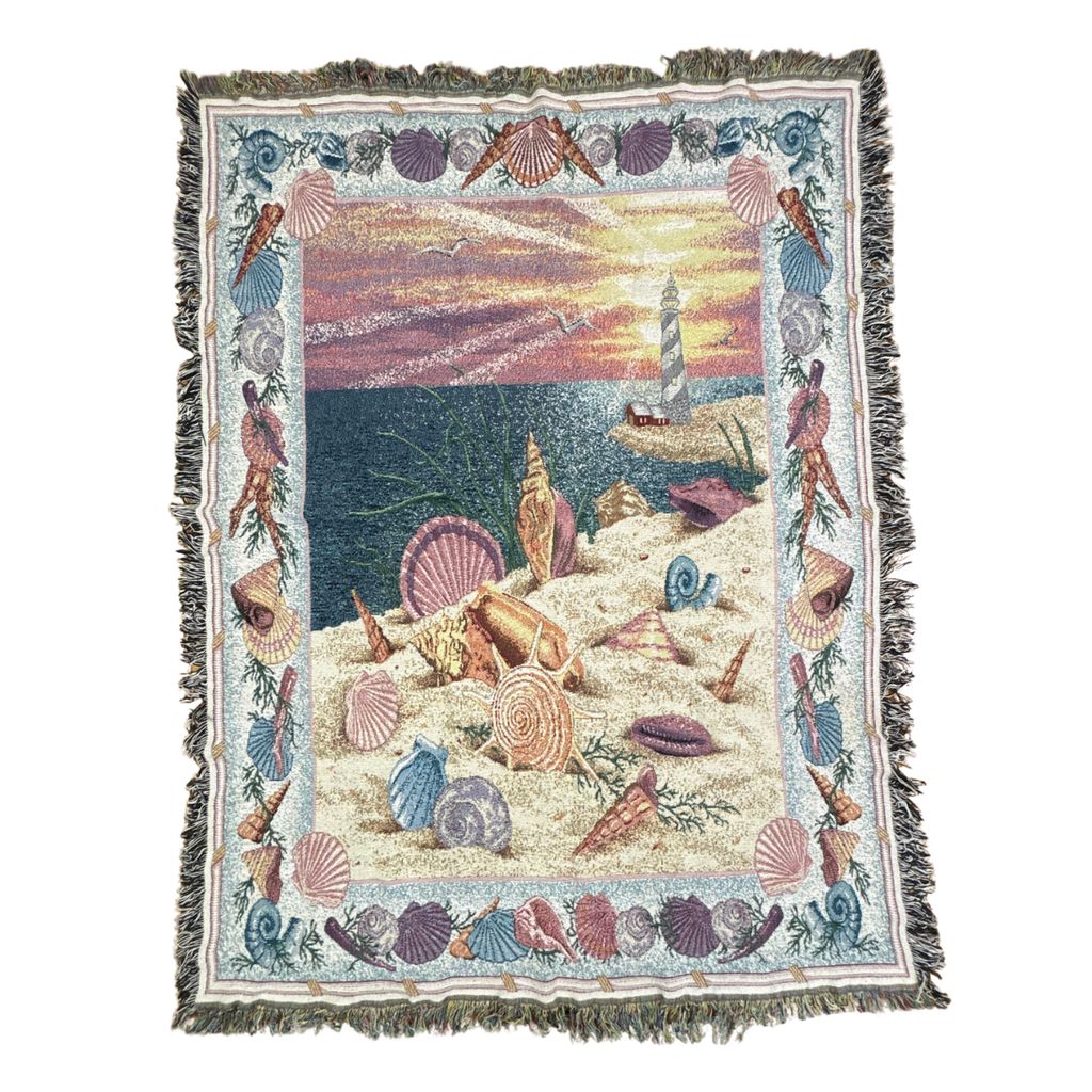 vintageラグ ブランケット マルチカバー タペストリー シェル 貝殻 ビーチ 灯台 アート 夕焼け Rug Blanket Shell 3924