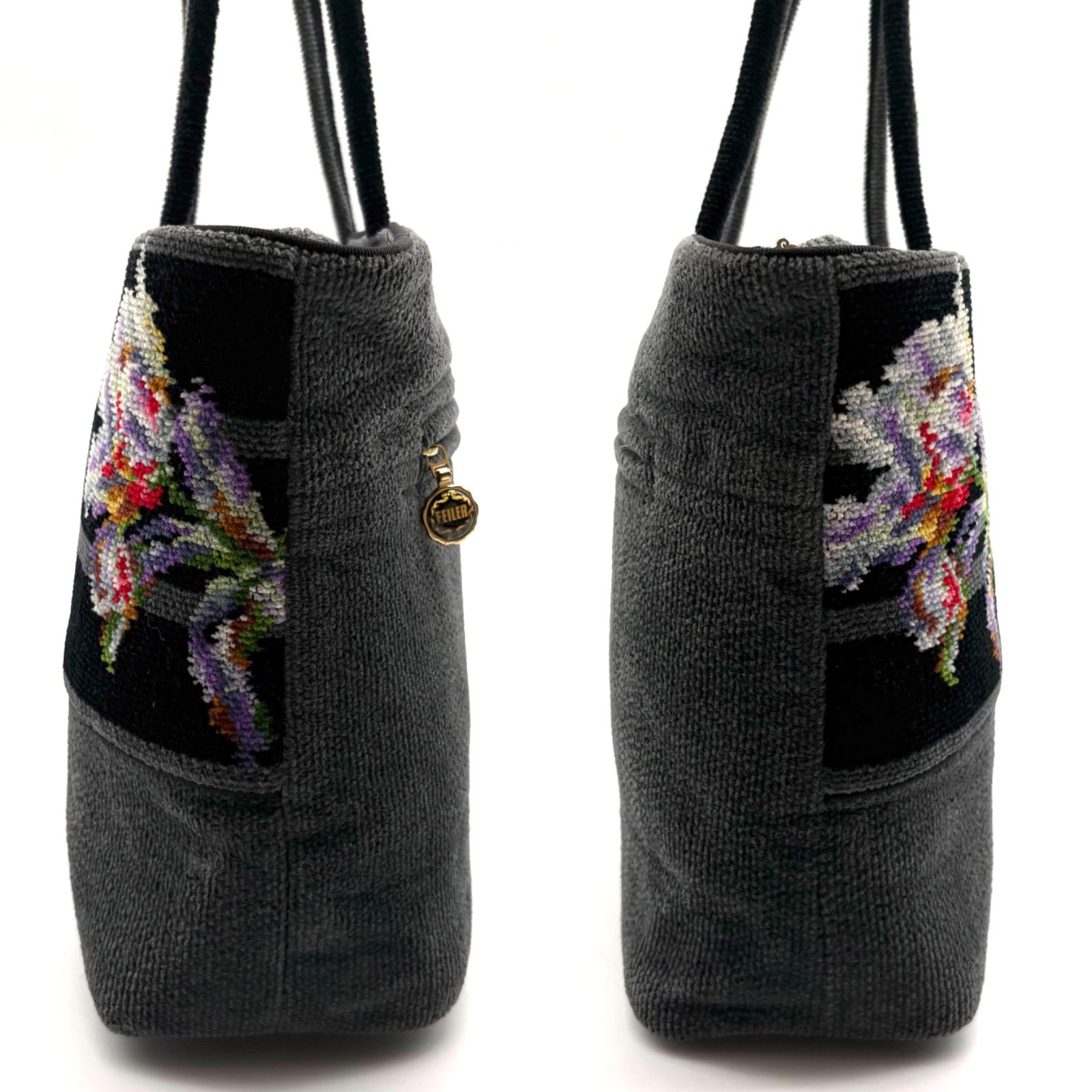 美品✨】FEILER Brugge Chenille Tote Bag Black Gray Floral