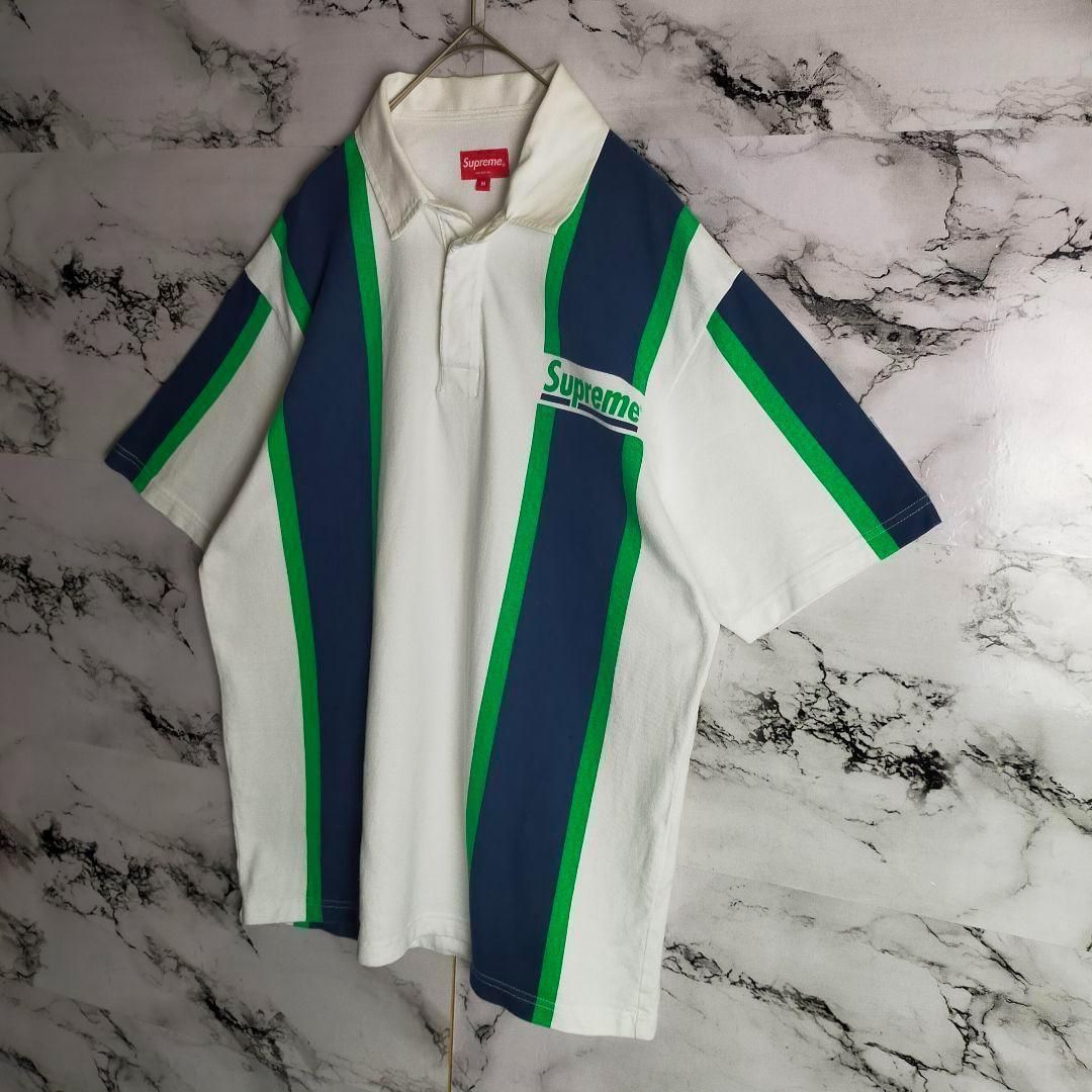Supreme ラガーシャツ L 緑と白 ストライプ 入手困難 シュプリーム☆ワンポイントロゴ 半袖ストライプラガーシャツ