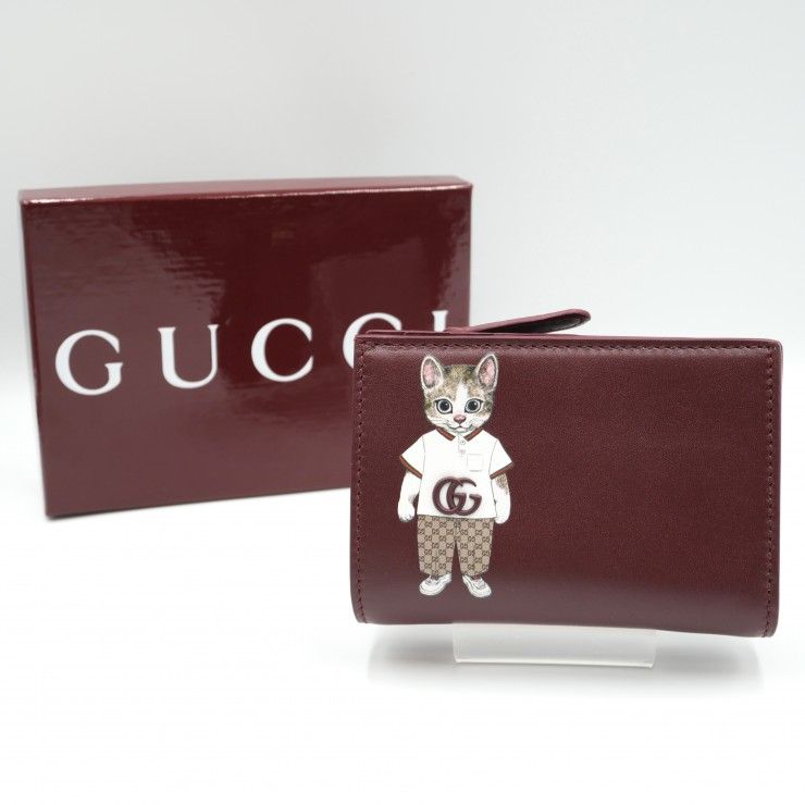 GUCCI（グッチ）ヒグチユウコ 日本限定 二つ折り財布 コンパクトウォレット ボルドー レザー 猫モチーフ レディース 548058【中古】