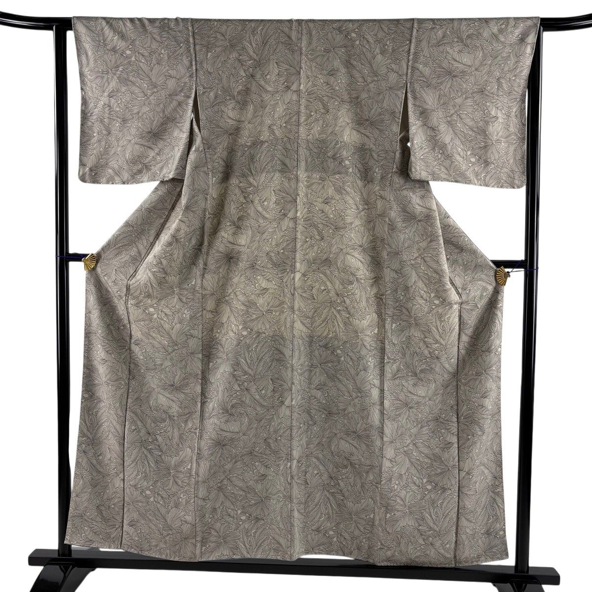美品】 小紋 身丈157cm 裄丈64cm M 袷 葉柄 灰色 正絹 秀品 【中古】