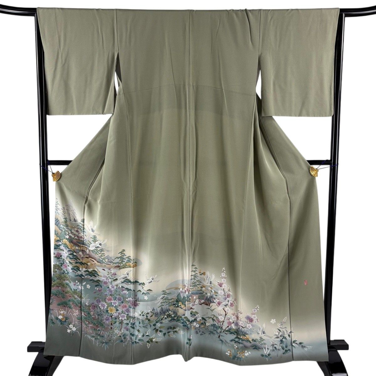 【美品】 色留袖 身丈160cm 裄丈65cm M 袷 落款 家屋 花鳥 ぼかし 灰緑 正絹 秀品 【中古】