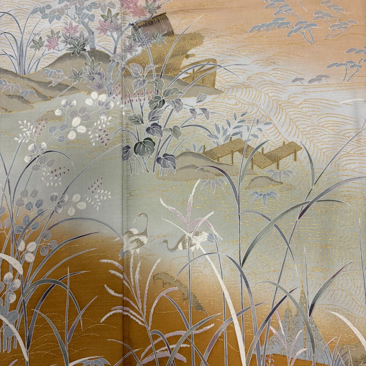 訪問着 真綿紬 ベージュ 墨書き 風景柄 金彩加工 身丈160cm 裄丈67cm 美