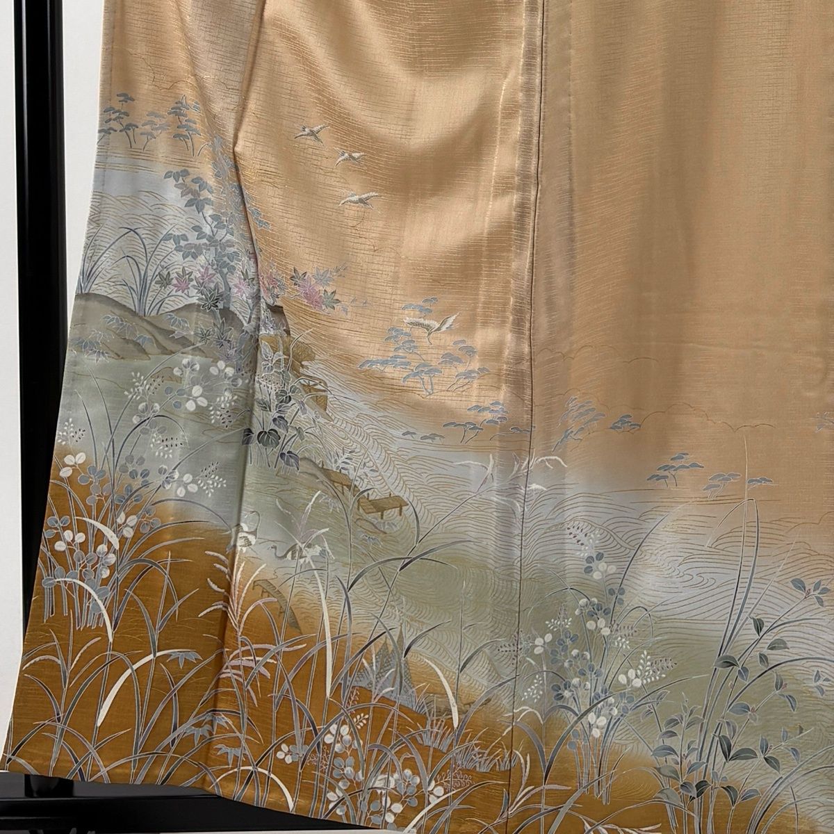 訪問着 真綿紬 ベージュ 墨書き 風景柄 金彩加工 身丈160cm 裄丈67cm 