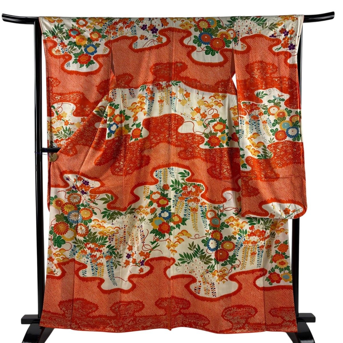 超美品】総絞り振袖 単品 オレンジ 正絹 花柄 古典柄身丈158cm裄67cm