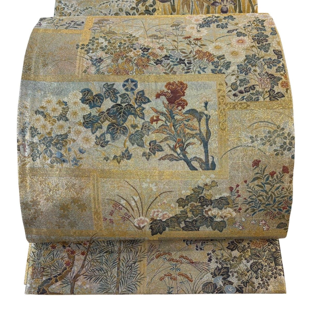 丸帯 逸品 琳派大全集 俵屋宗達 尾形光琳 酒井抱一 草花 鳥 箔 金色 お太鼓柄 正絹 【中古】