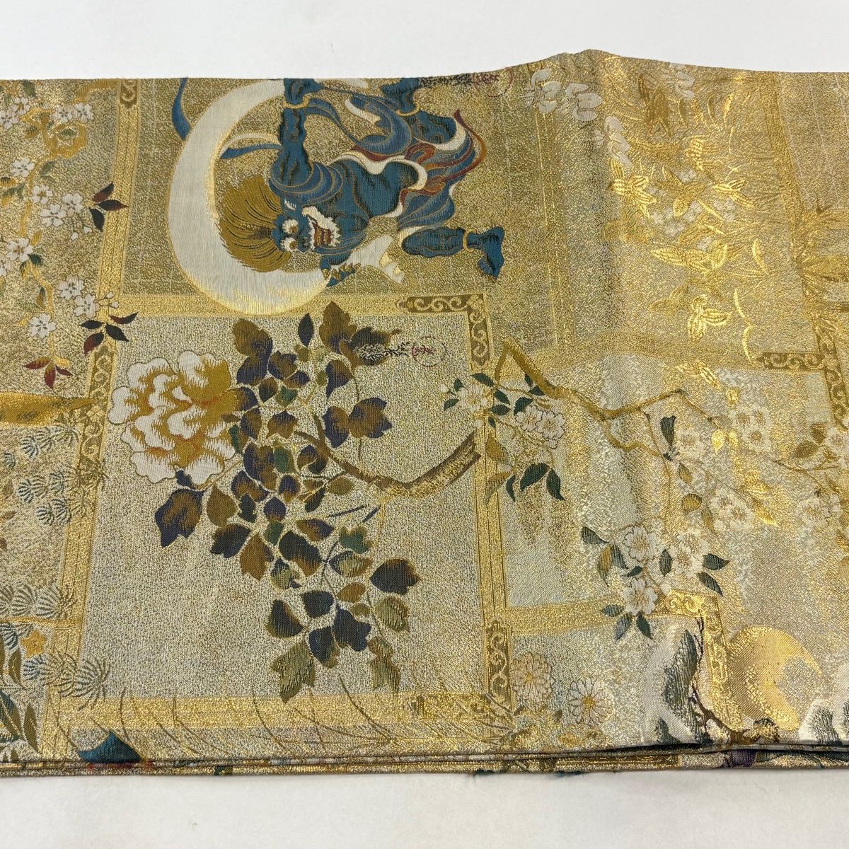 丸帯 逸品 琳派大全集 俵屋宗達 尾形光琳 酒井抱一 草花 鳥 箔 金色 お太鼓柄 正絹 【中古】 丸帯 逸品 琳派大全集 俵屋宗達 尾形光琳 酒井抱一 草花 鳥 箔 金色 お太鼓柄 正絹 【中古】