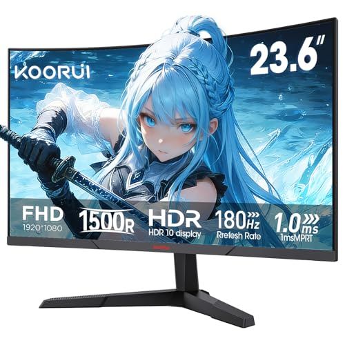KOORUI 24インチゲーミングモニター - FHD 1080P 湾曲モニター 180Hz VAパネル、内蔵アダプティブシンク対応 1ms応答速度、1500R曲率、HDMI×2 / DP端子、24E6CA