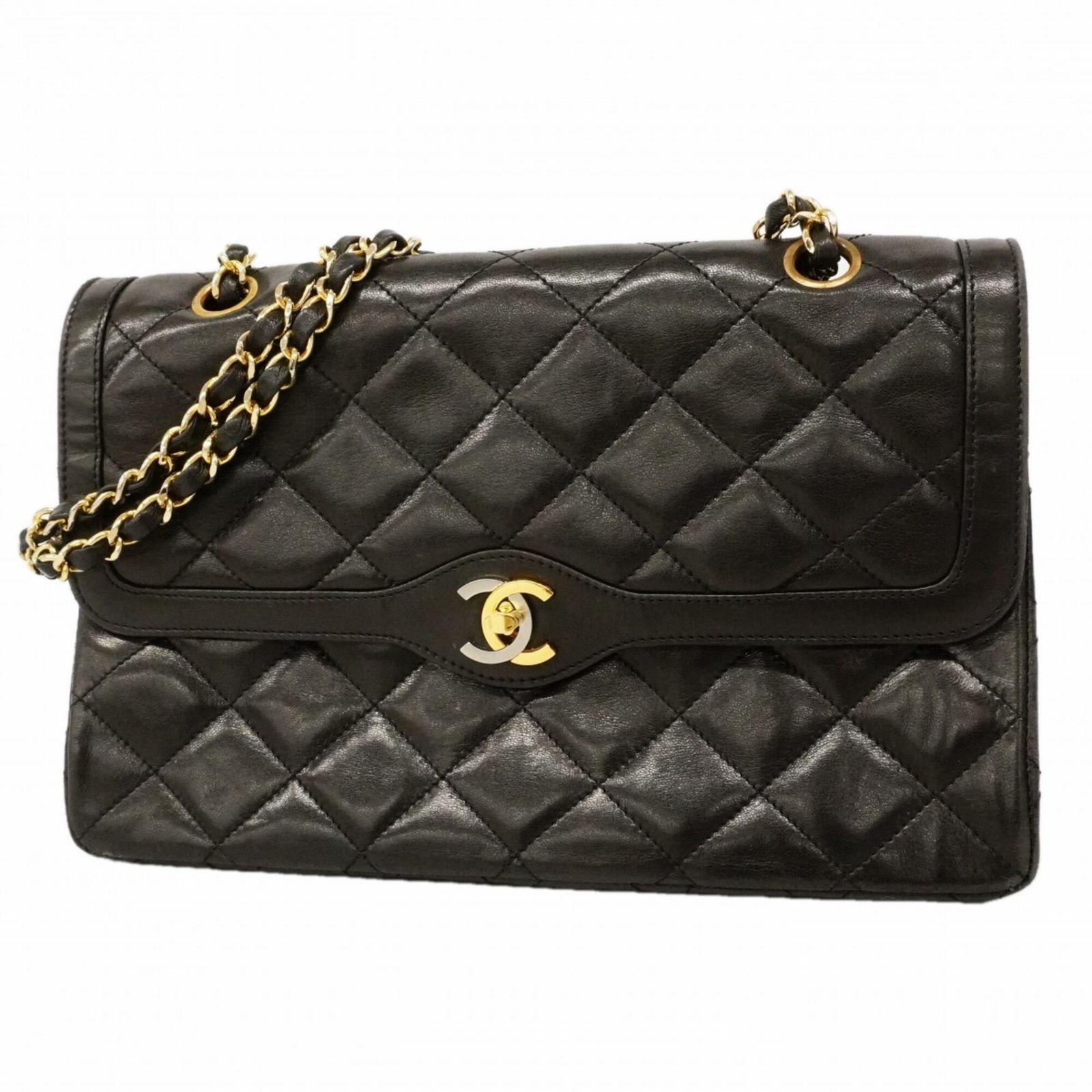 シャネル(Chanel) シャネル ショルダーバッグ マトラッセ パリ限定 Wフラップ Wチェーン ラムスキン ブラック ゴールド レディース P3321076