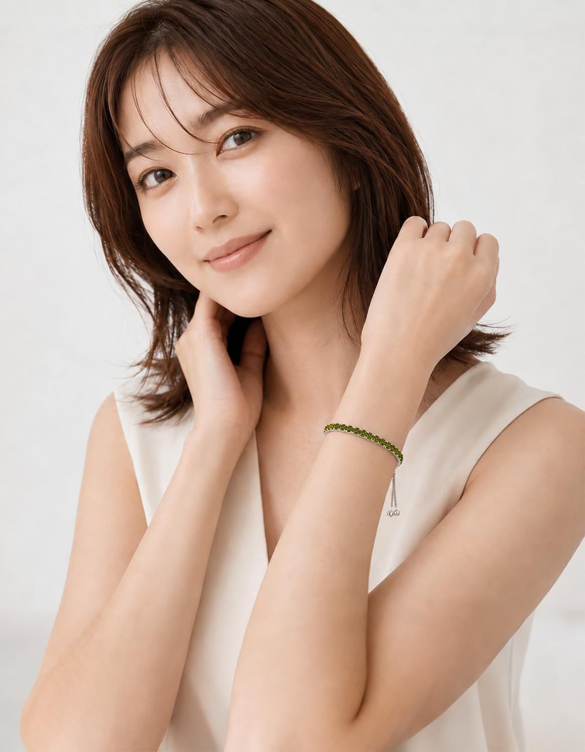 KRKCLIFE テニスブレスレット 誕生石 レディース 長さ調節 3mm 12色 ジルコニア 女性 キラキラジュエリー (08月-ペリドット) | ギフトに最適な誕生石ブレスレット・無段階調整で手首