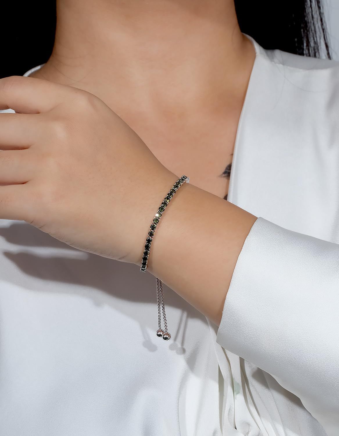 KRKCLIFE テニスブレスレット 誕生石 レディース 長さ調節 3mm 12色 ジルコニア 女性 キラキラジュエリー (08月-ペリドット) | ギフトに最適な誕生石ブレスレット・無段階調整で手首