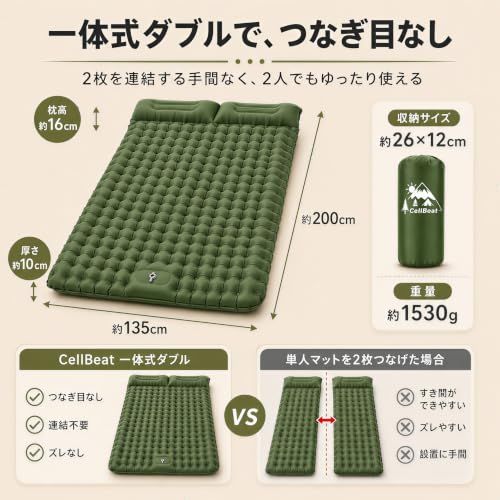 【CellBeat】強化版！エアーマット キャンプ マット ダブル【10cm極厚・耐荷重300kg・高R値4.0】足踏み式 耐穿刺/抗菌防撥水/二人用 人間工学枕付き 超軽量 膨らみやすい 寝心地良い 幅広設計 コンパクト 簡単収納 車中泊/ 6df1b87c