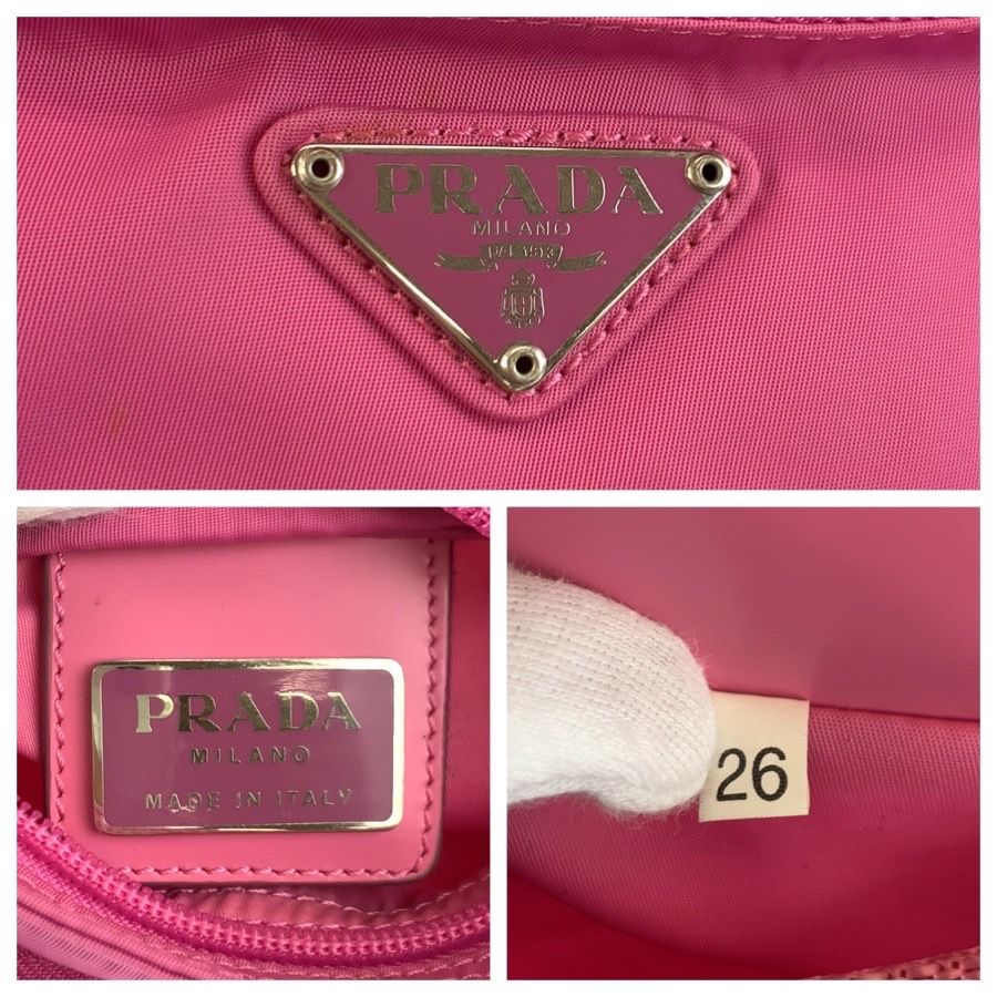 美品 PRADA プラダ テスート 三角ロゴプレート ピンク シルバー金具