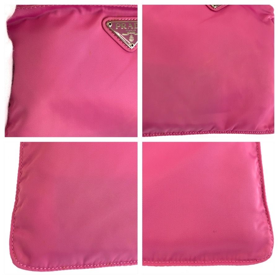 美品 PRADA プラダ テスート 三角ロゴプレート ピンク シルバー金具