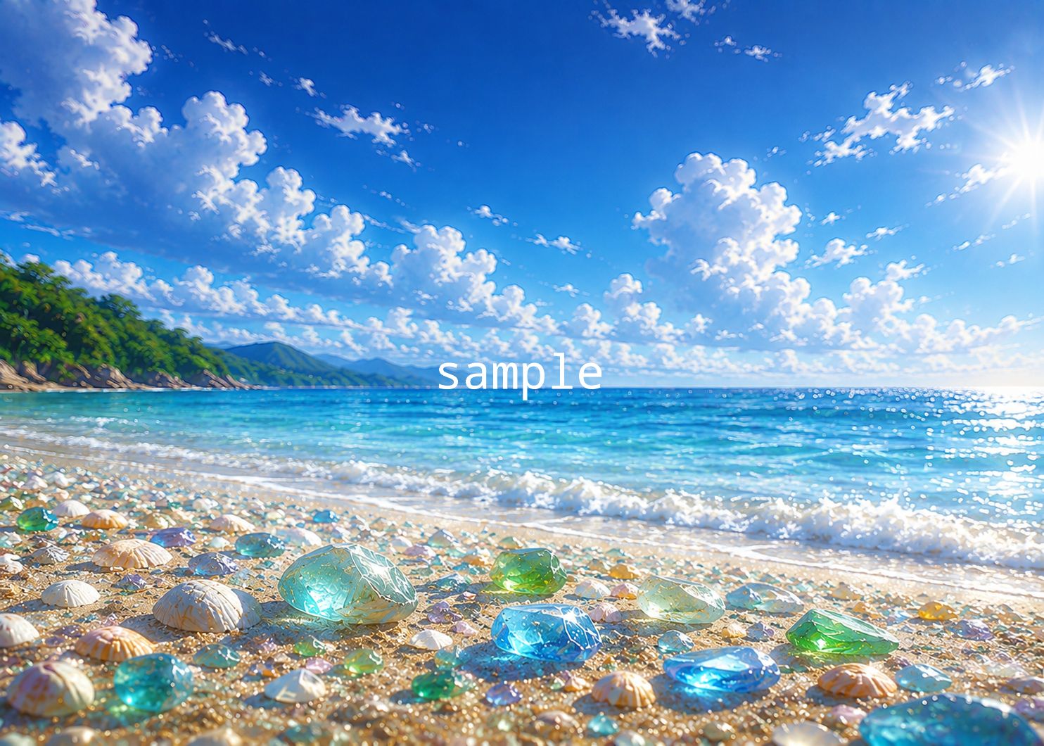 夏の海とシーグラス｜光きらめく癒しのヒーリングアートポスター