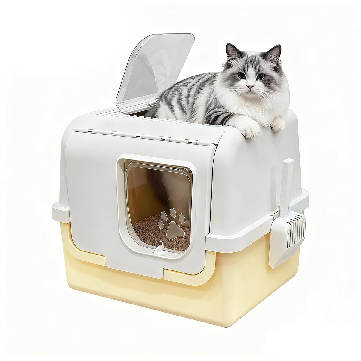 RAKU 猫 トイレ 脱臭シート付 上から猫トイレ スコップ付 ドーム ワイドサイズ 清潔 大型猫 耐久性 2WAY出入り方法 ニオイの広がり防止 砂の飛び散り防止 猫用品 (イエロー（L）)t 7b96f41c