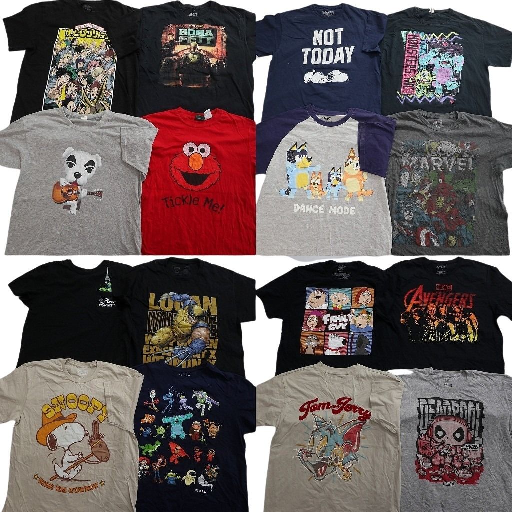 古着卸 まとめ売り キャラクター Tシャツ 16枚セット ( メンズ L ) ヒロアカ セサミストリート トムとジェリー ブルーイ 中古 古着 NF8056