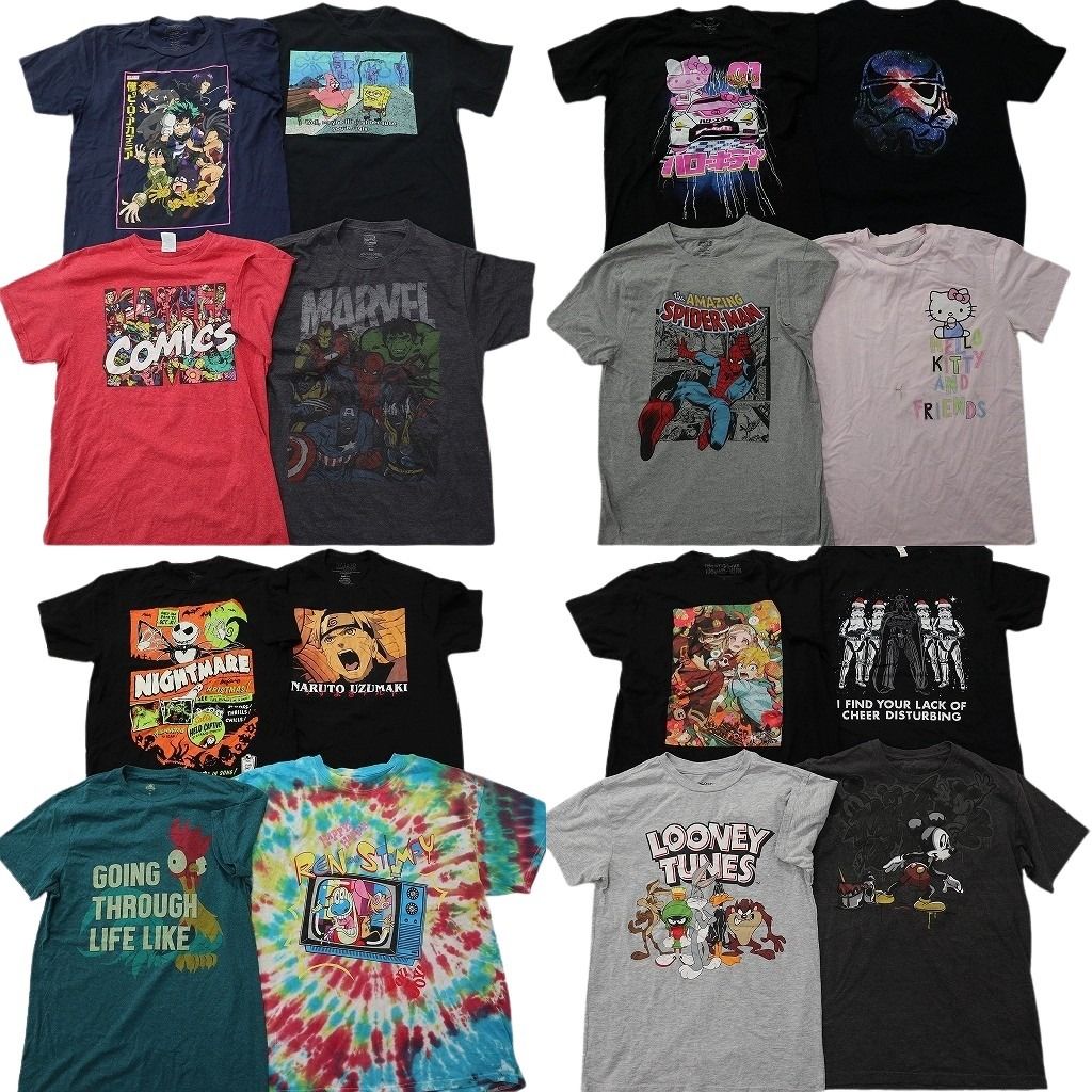 古着卸 まとめ売り キャラクター Tシャツ 16枚セット ( メンズ M ) ヒロアカ マーベル ナルト サンリオ ディズニー 中古 古着 NF8063