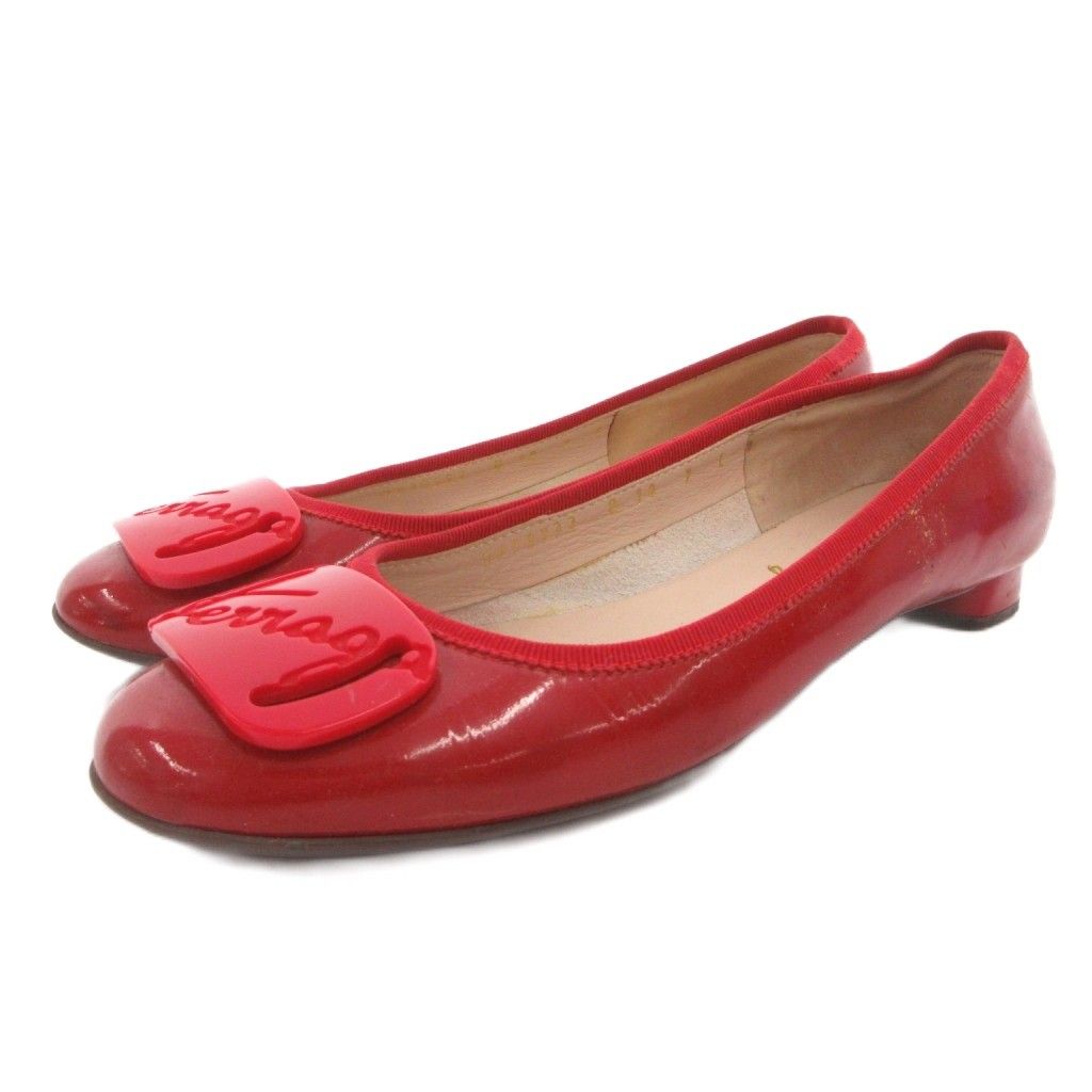 【美品】Ferragamo ヴァラ 7  エナメル 赤 裏張り有り サルヴァトーレフェラガモ Salvatore Ferragamo ヴァラ ロゴプレート