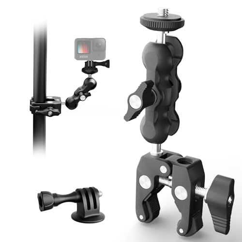 NearStream スーパークランプ スマホ/カメラ/マイク用 1/4インチ&3/8インチネジ対応 360°回転ボールヘッド 耐荷重2kg 滑り止めゴム 一脚/三脚 スタンド取付可能 軽量 アルミ合金製 ライブ配信・自撮り・ビデオ撮影向け 7129bd8d