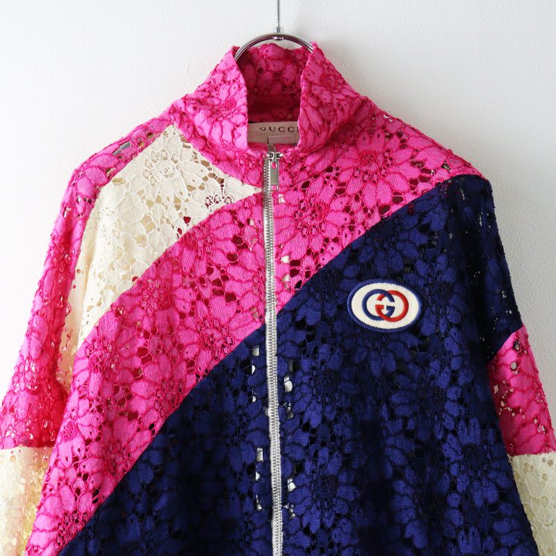 美品 グッチ GUCCI Lace Interlocking GG Patch Track Jacket 総レース