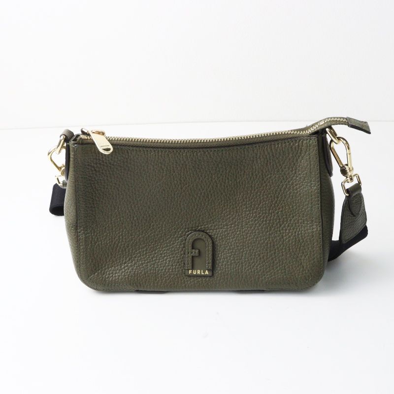 美品 フルラ FURLA アテナ レザーショルダーバッグ□カーキ かばん 