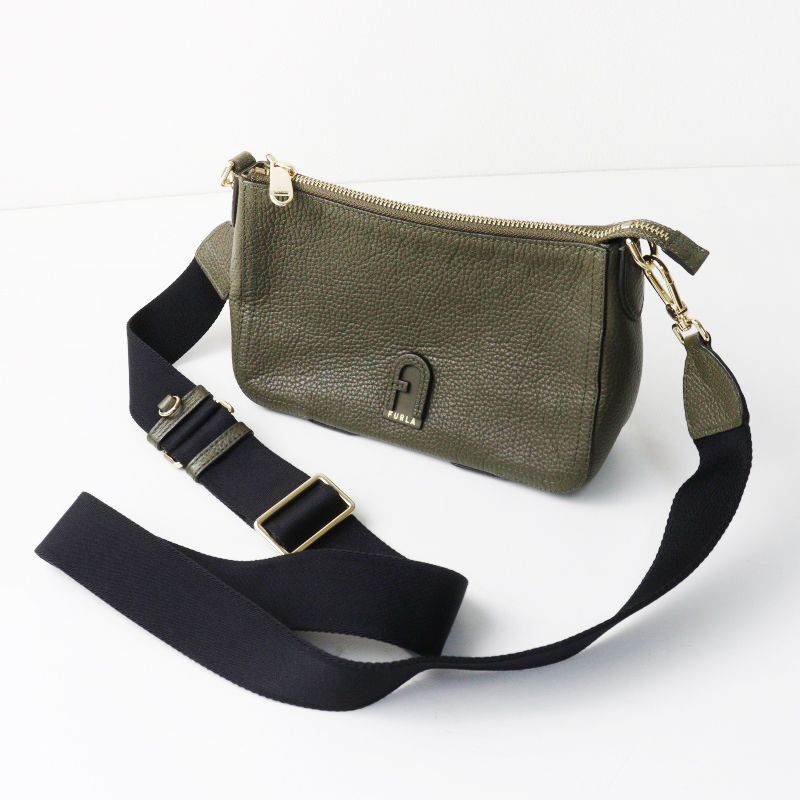 美品 フルラ FURLA アテナ レザーショルダーバッグ■カーキ かばん カバン 肩掛け ロゴ クロスボディ【2400014999921】
