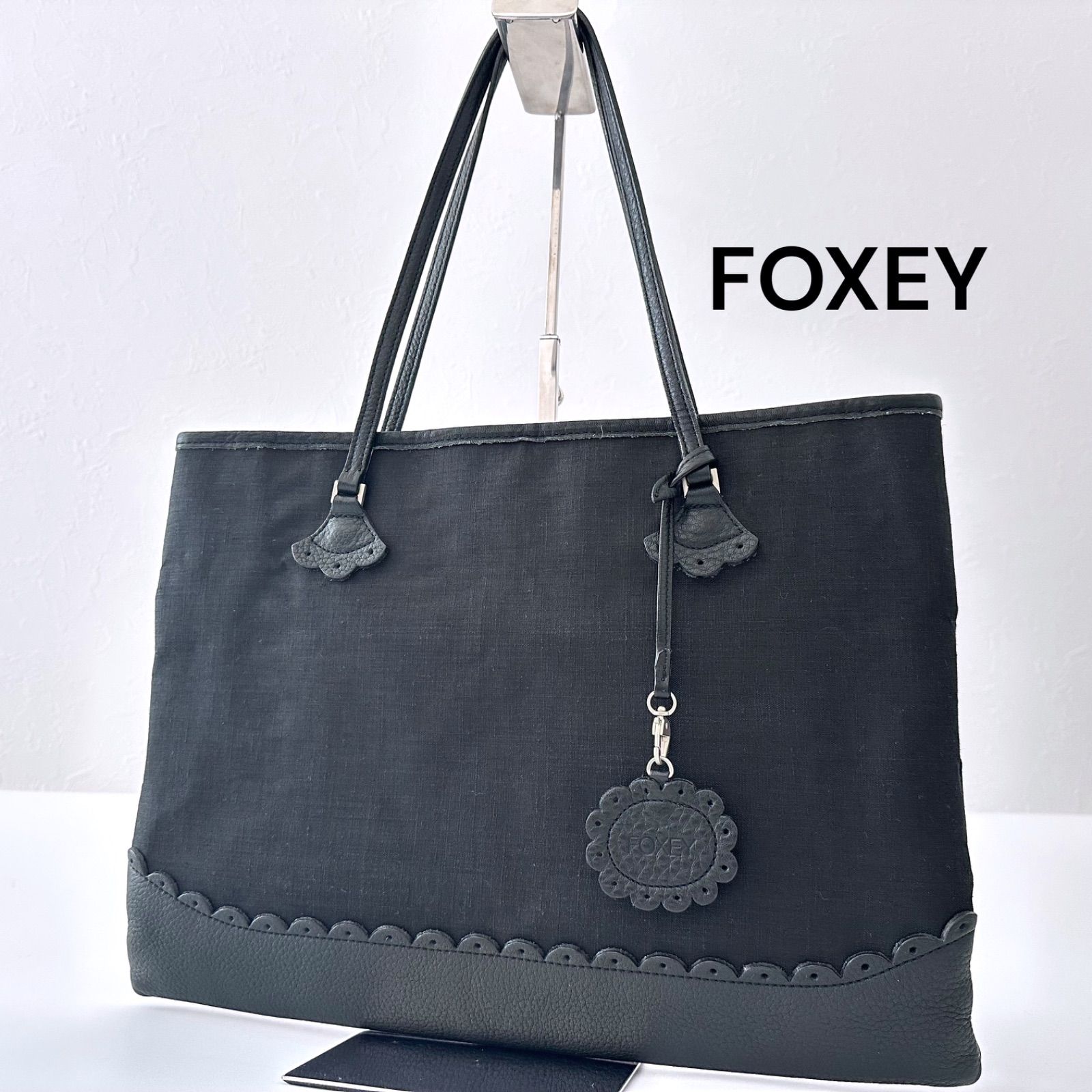 フォクシー FOXEY レザー リネン トートバッグ スカラップ 異素材 