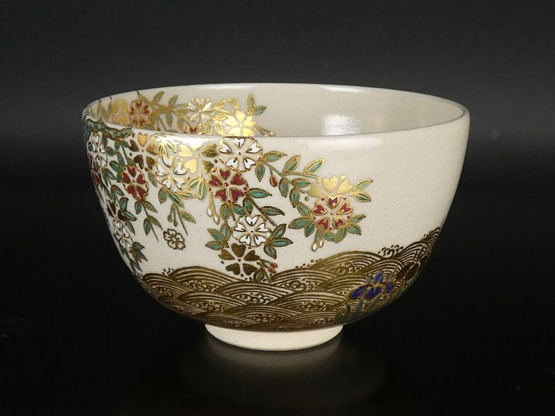 杉田祥平 造「色絵仁清春乃流水画 茶碗」共箱 保証品 茶道具 清閑寺窯