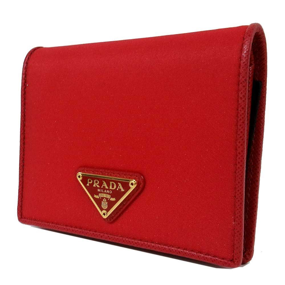 【新品】プラダ 財布 二つ折り財布 (小銭入れあり) PRADA ナイロン サフィアーノ レザー トライアングルロゴ スモール ウォレット 1MV204 TESSUTO / ROSSO (レッド系) アウトレット レディース 送料無料