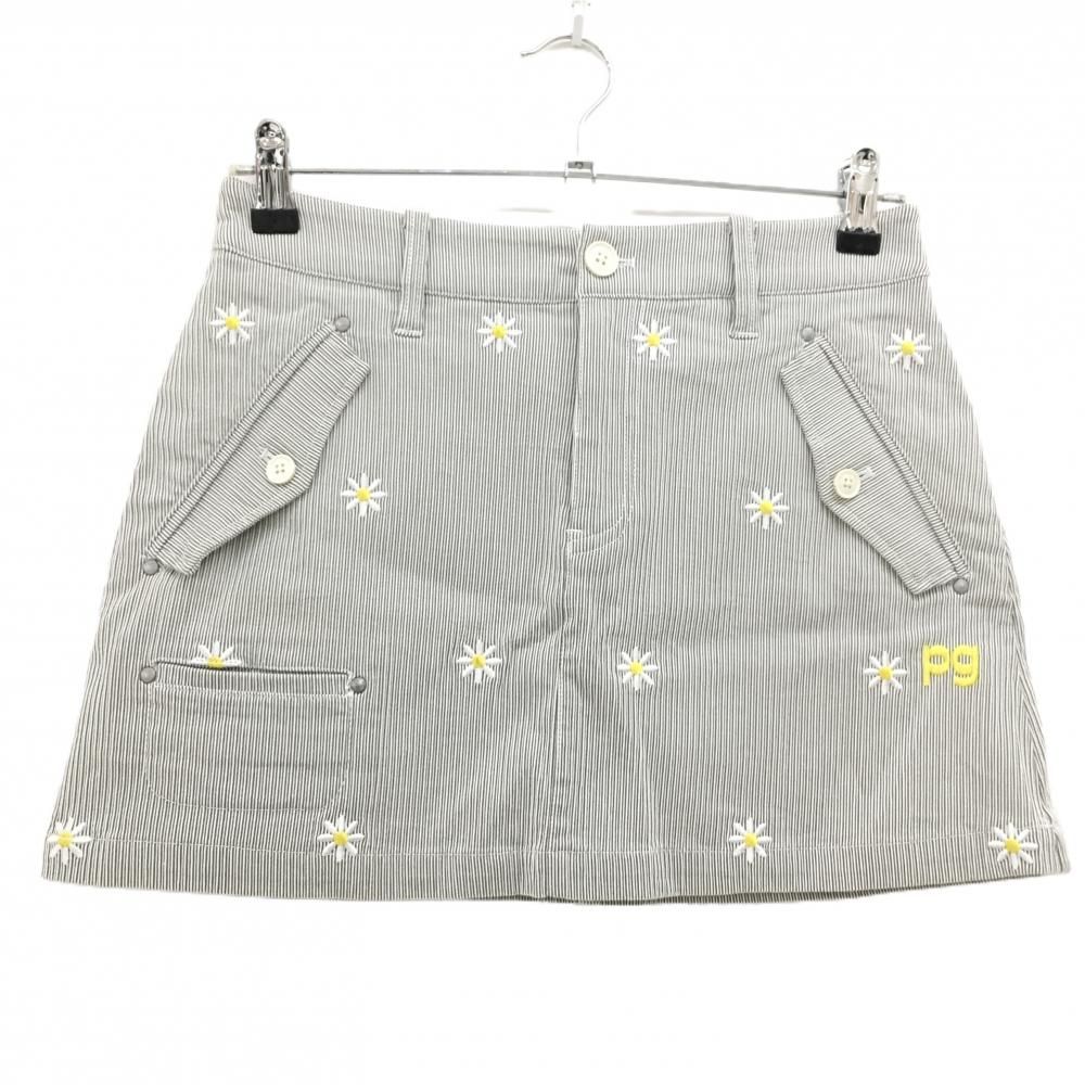 美品】パーリーゲイツ スカート ライトグレー×白 細目ストライプ 花
