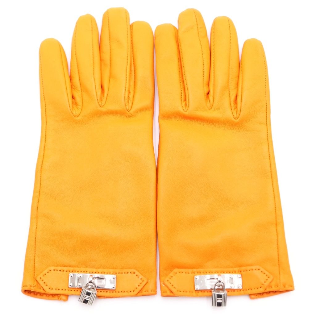 HERMES (エルメス) ケリー バックル カデナ ラムスキン レザー グローブ 手袋 シルバー金具 オレンジ