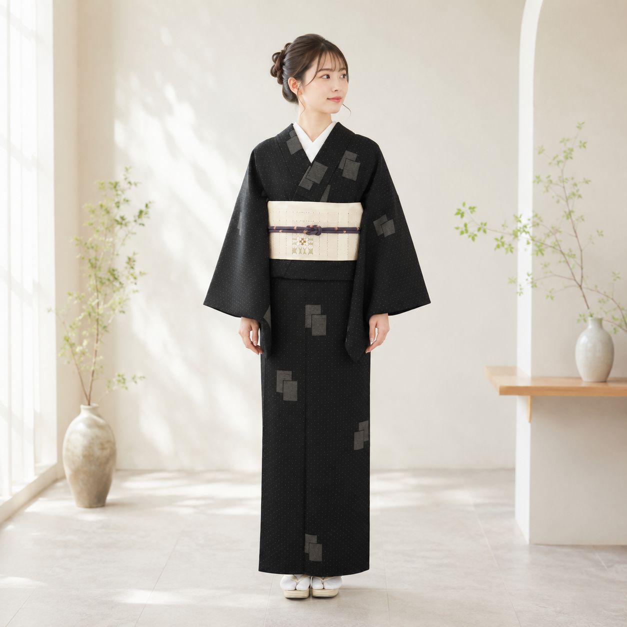 塩沢お召絣単衣着物 単衣 塩沢お召 重ね四角の絣織り 黒 普段着に♪正絹着物 R8K061 - メルカリ