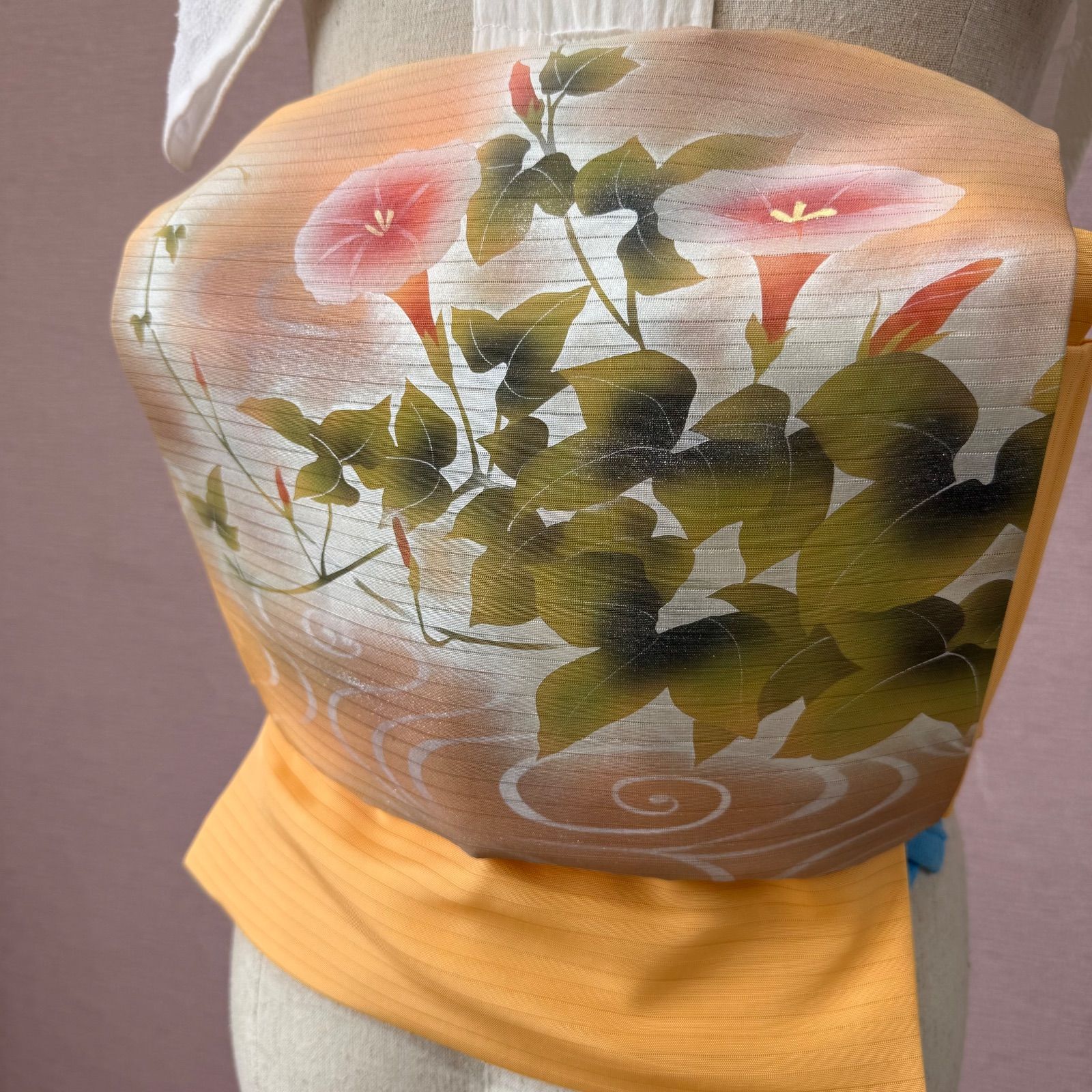 名古屋帯　帯　着物　九寸　夏物　夏帯　朝顔　お太鼓柄　リサイクル着物　n-1209