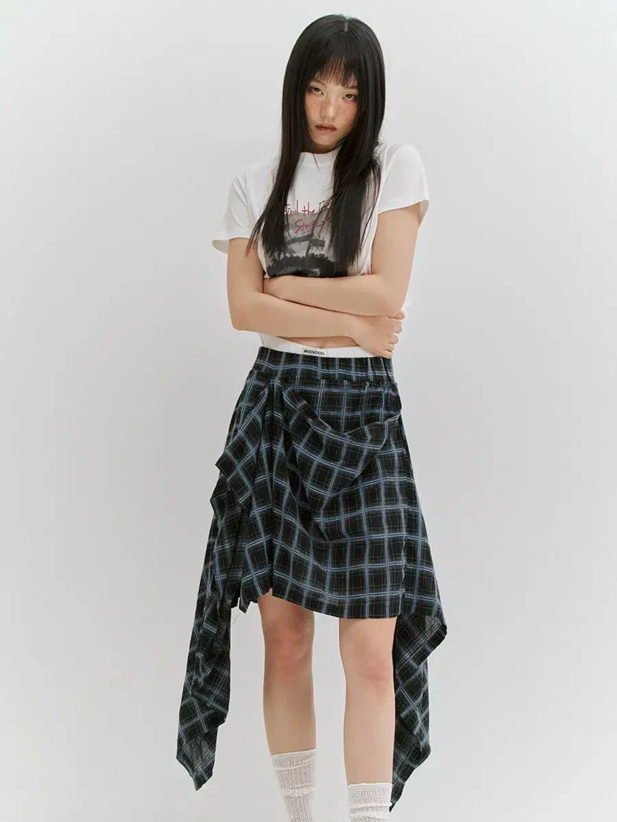 민더리 CHECK DRAPED LONG SKIRT - BLACK
