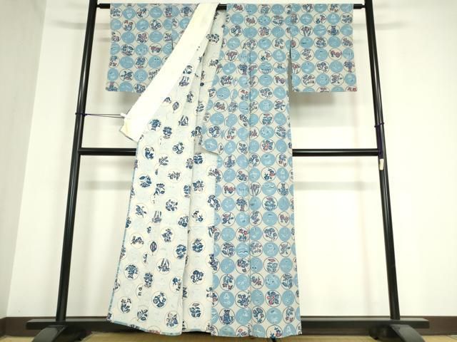 平和屋着物▽上質な小紋　単衣　藍　型染　花丸吉祥文　鬼しぼ縮緬　大丸扱い　正絹　逸品　DABG0783az
