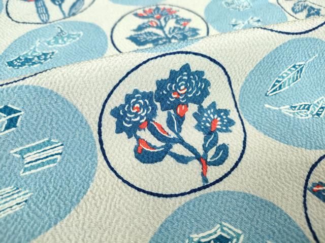 平和屋着物▽上質な小紋　単衣　藍　型染　花丸吉祥文　鬼しぼ縮緬　大丸扱い　正絹　逸品　DABG0783az